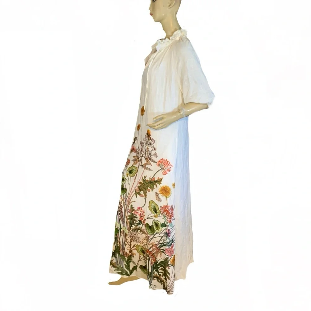 I.N.C. CREAM & GREEN BOTANICAL PRINT KAFTAN STYLE MAXI DRESS NWT (M) - Picture 3 of 13